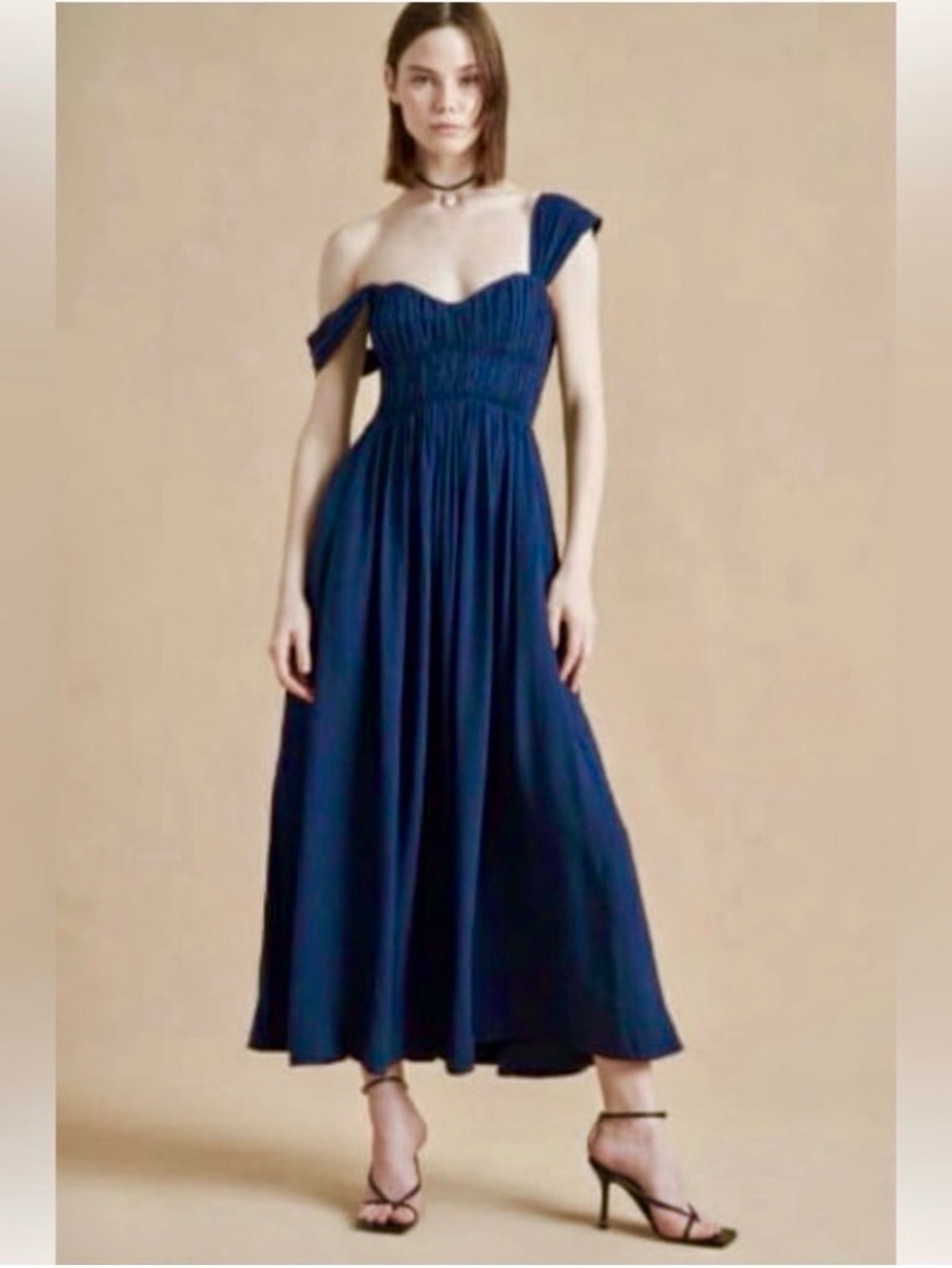 New LA LIGNE Fabianna Midi Dress Smocked Bodice On\Off Shoulder Navy M